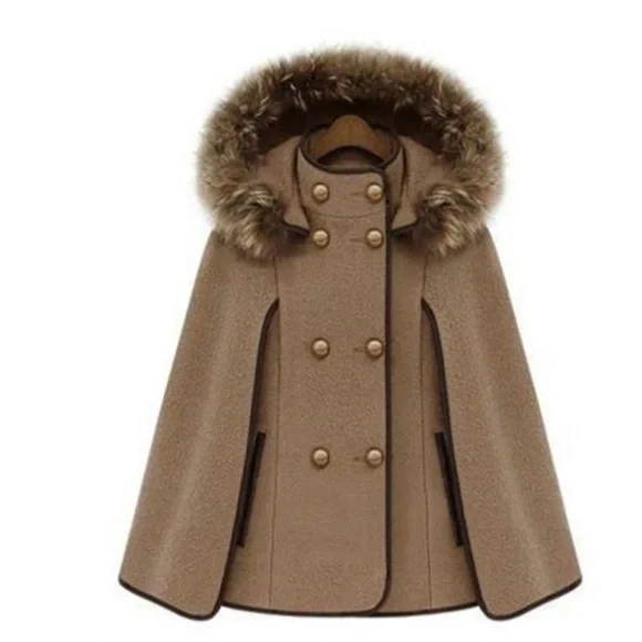 Women's Tan Cape Coat with Detachable Faux Fur Trim Hood - Picture 2 of 11